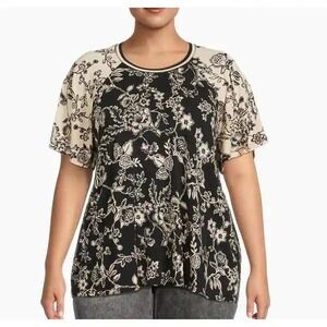 Johnny Was NWT Adjustable Sleeve‎ Top Tunic Floral Print Black Beige Women's